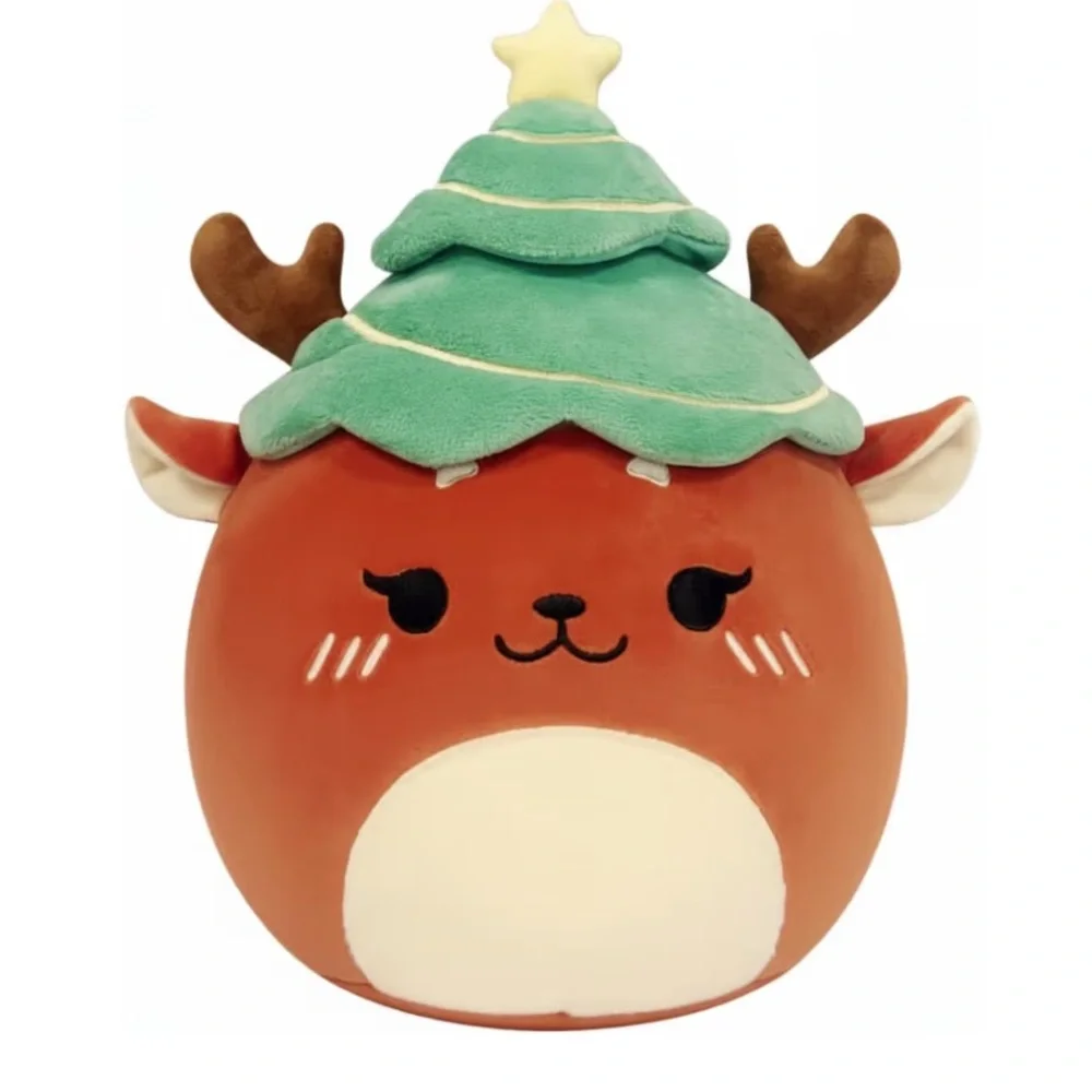 Merry Christmas ‘Reindeer Plushie with Tree Hat’ Holiday Pillow
